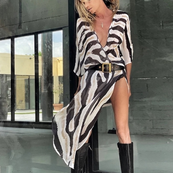Boutique Other - New Sheer Zebra Print Swim Cover Up Kimono Duster Robe